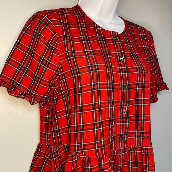 MADEWELL Red and Black Plaid Ruffle Hem Puff Sleeve Button Down Blouse Size S - Picture 2 of 7